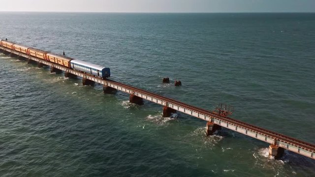 Rameshwaram, India. View of Pamban bridge in Rameshwaram. First indian bridge, which connects Pamban island and mainland India.
