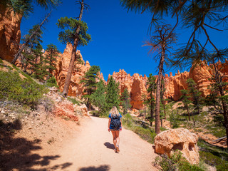 Young woman travels Bryce Canyon national park in Utah, United States, people travel explore nature. Bryce is a collection of giant natural amphitheaters distinctive due Hoodoos geological structures