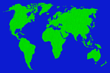 world map on blue background.  green world map silhouette