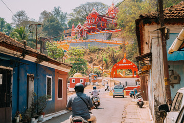 Panaji, Goa, India. Traffic on road to The Hindu Maruti Temple Or Hanuman Temple Is Located In Panjim. Built In Honor Of The God Of Monkeys Haruman. Famous Landmark And Heritage. Popular Destination