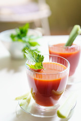 Tomato juice in a glass with celery and parsley leaves on white background. Lifestyle healthy eating concept 