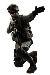 Collage of male in US Army uniform soldier (Flag of the ISAF on the shoulder). Shot in studio. Isolated with clipping path on white background