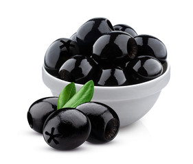 Black pitted olives in bowl isolated on white background