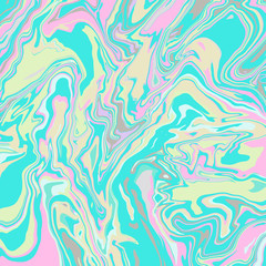 Abstract background, oil slick, marble effect. Bright colors - pink, blue, mint, yellow. Marble stains. Hand-drawn illustration.