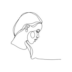 Trendy woman portrait in profile. Long hair, dreamy look, thoughtfulness. One line illustration. For the design of cosmetics, beauty salon, logos, printing on clothes.