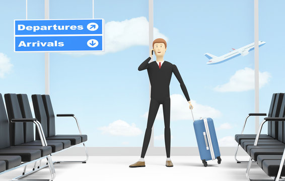 Young man in the airport is going to travel by plane. 3D illustration