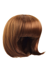 Subject shot of a natural looking chestnut wig with bangs. The short blunt bob wig is isolated on the white background. 