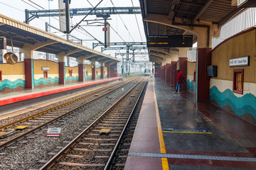 Fototapeta na wymiar Empty station of Delhi Metro, Delhi, India, Asia. More than 5 lakhs passengers travel from Delhi Metro. It is a public transportation for Delhi and people from around.