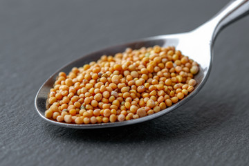 Close-up of yellow mustard seeds, in a spoon. Isolated on a dark gray slate plate.