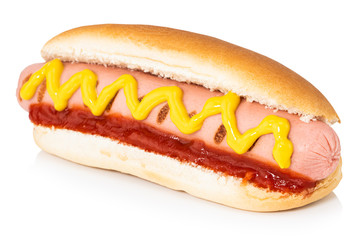 Hot dog with mustard isolated on white background. Clipping path