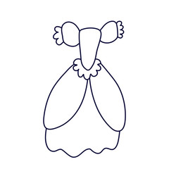 Flashlight sleeve wedding princess dress in doodle style. Hand drawn vector illustration in black ink isolated on white background.  Great for coloring book.