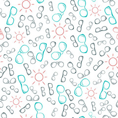 Seamless pattern. Pattern of sunglasses and sun on a white background. In the style of brush strokes