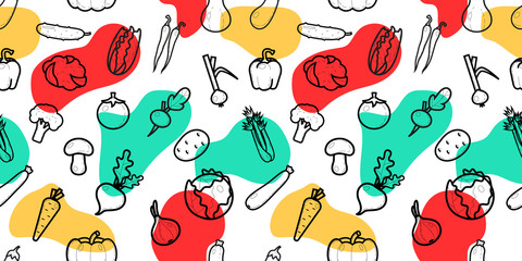 A pattern of icons of various vegetables in a flat linear style. Black and white icons on a background of colored spots.Vector illustration.