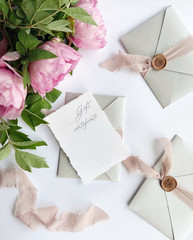 wedding card with roses and paper