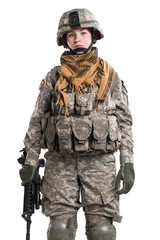 Female in US Army soldier (ISAF) with rifle. Shot in studio. Isolated with clipping path on white background