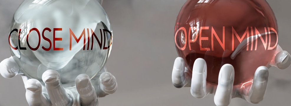 open mind and close mind in a balanced life - pictured as words open mind,close mind in hands to show that close mind and open mind should stay in balance, 3d illustration