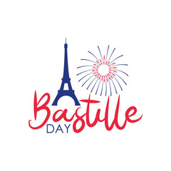 Happy Bastille day design with eiffel tower and firework, flat style