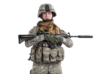 Female in US Army soldier (ISAF) with rifle. Shot in studio. Isolated with clipping path on white background