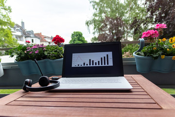 Home Office auf dem Balkon mit schönen Blumen am Notebook mit Headset auf Gartentisch zeigt die...