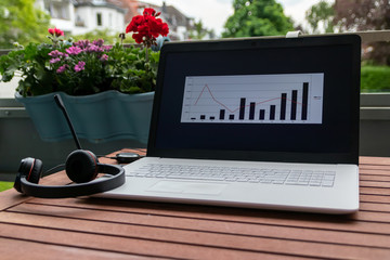 Home Office auf dem Balkon mit schönen Blumen am Notebook mit Headset auf Gartentisch zeigt die...