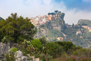 Obraz premium Mountain village Castelmola in the Italian region Sicily in sunny day as seen from Taormina, Italy