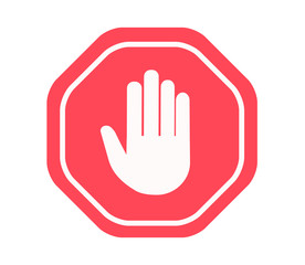 Simple red stop roadsign with big hand symbol or icon vector illustration. No entry hand sign. Vector illustration. Red stop hand sign isolated on white background