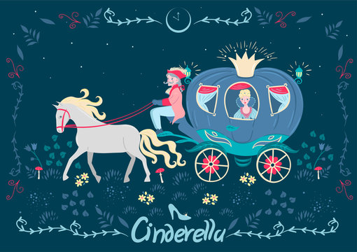 Cinderella in the carriage. Fairytale banner with the inscription. Vector graphics.
