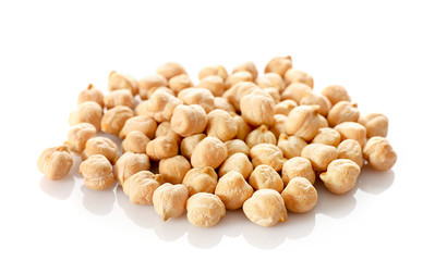 Pile of chickpeas isolated on white background.