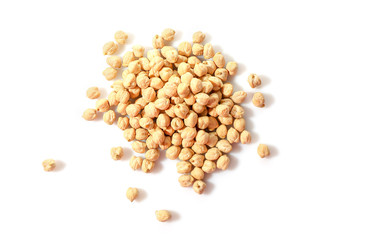 Small pile of chickpeas isolated on white background. Top view.