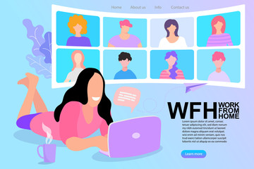 young beautiful woman using a laptop computer at home. Communication with the team via video online Vector flat illustration.