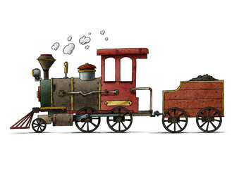 Very colorful cartoon illustration of a fun and old steam train