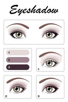 Eye makeup. Step by step, the eye shadow is applied. Eye color is greenish brown.