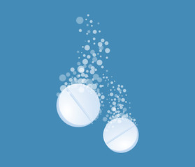 Tablet with bubbles. Effervescent dissolving aspirin pill in fizzy water. Vitamin drug with bubbles. Pharmacy dissolve