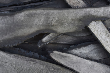 burnt boards. the ashes. close-up, top view.