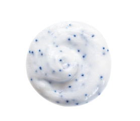 White cream cleanser scrub swatch blob  isolated on white background. Skin exfoliating product round swirl. Face cleansing lotion sample close up