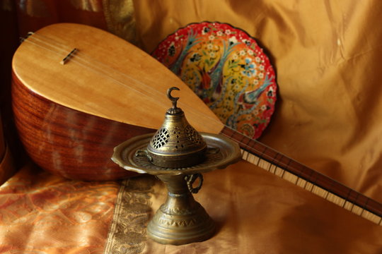 traditional turkish lamps, national musical instrument baglama saz, handmade plate. magnificent century.