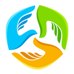 Three hands on a white background