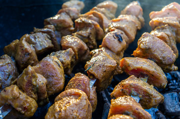 Grilled beef meat on skewers. Kebab close-up