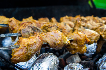 Grilled beef meat on skewers. Kebab close-up