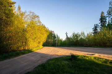 Fototapeta premium Country road near near the forest in the evening at sunset