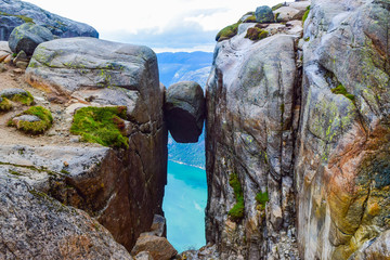 Nobody landscape of the famous Kjeragbolten. The most dangerous stone in the world. Norway.