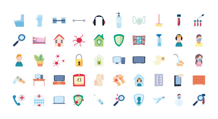 Obraz premium Covid 19 quarentine flat style icon set vector design