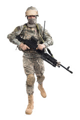 Male in US Army uniform soldier (Flag of the USA on the shoulder). Shot in studio. Isolated with clipping path on white background