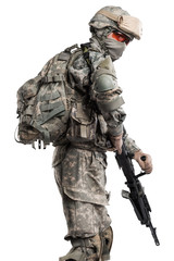 Male in US Army uniform soldier (Flag of the USA on the shoulder). Shot in studio. Isolated with clipping path on white background