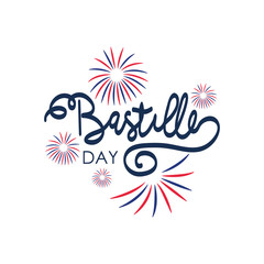 Bastille day lettering design with decorative fireworks, flat style