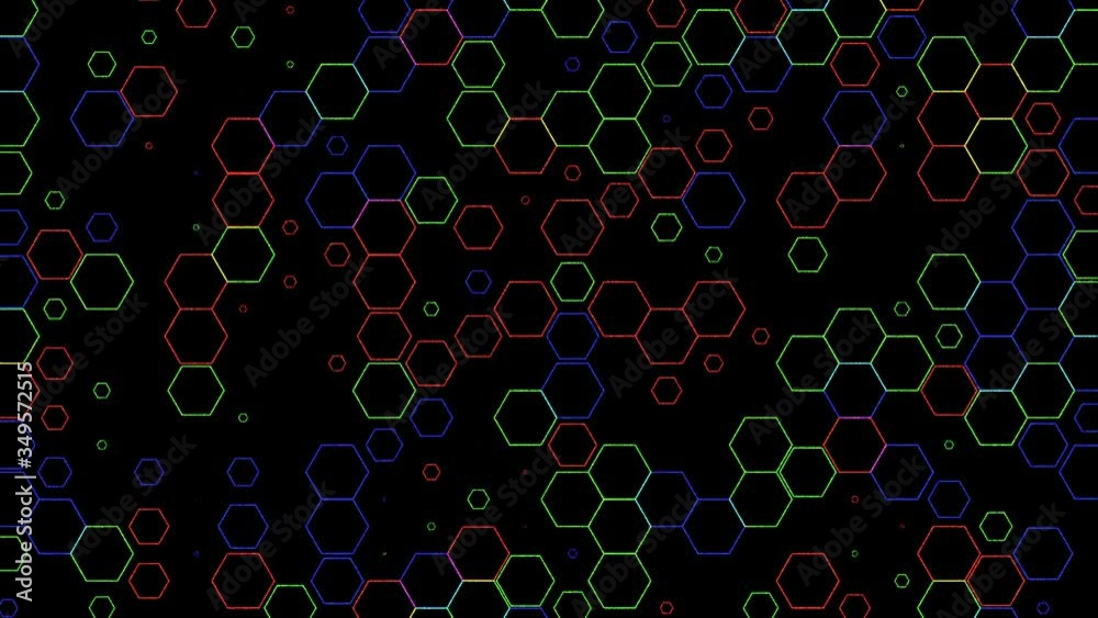 Poster screensaver of colored pulsating hexagons on a black background. seamless loop.