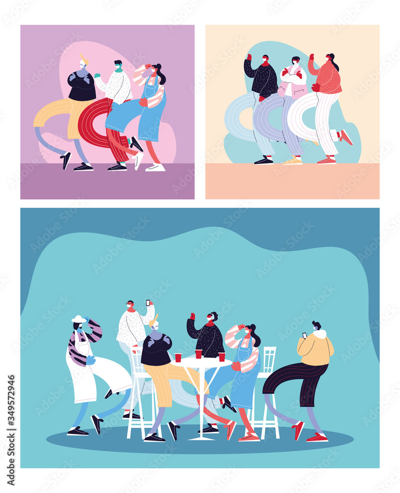 Poster set of cards with people celebrating using face mask