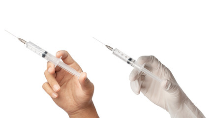 Syringe, medical injection in hand isolated on white background.