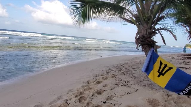 Barbados island beach with Barbadian flag in background