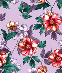 Bright fashion beautiful watercolor textile pattern with red rose flowers on a violet background.